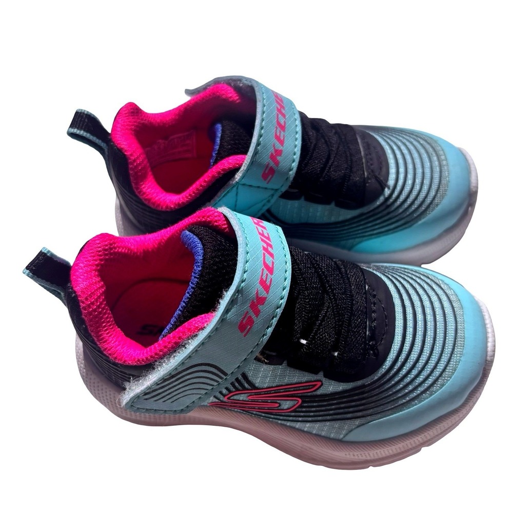 Skechers Sneakers Kids Size 5 Turquoise Pink Black Hook Loop Athletic